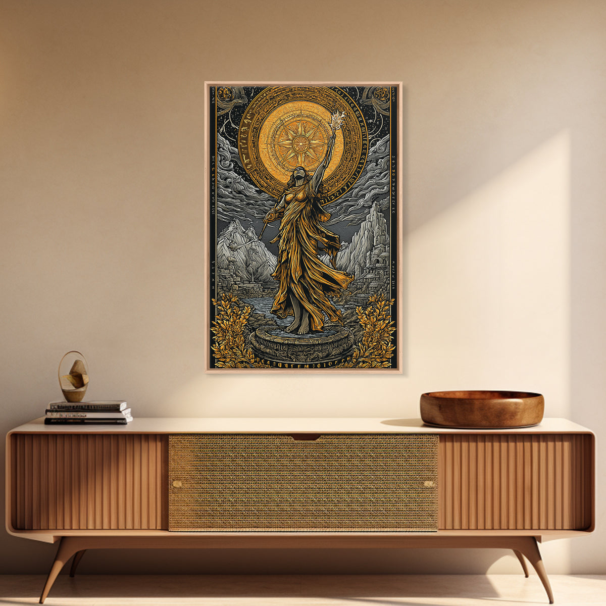 Celestial Goddess Canvas Gold Canvas Print, Mythology Wall Art, Radiant Female Figure Artwork, Real Wood Framed Luxurious Decor
