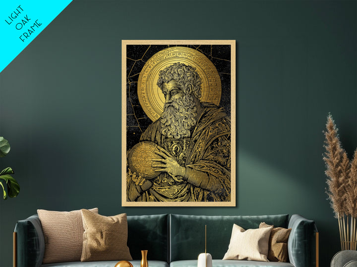 Ancient Philosopher Portrait Metallic Gold Metal Print, Scholar With Cosmic Halo Metallic Gold Art, Real Wood Frame Historical Wall Art