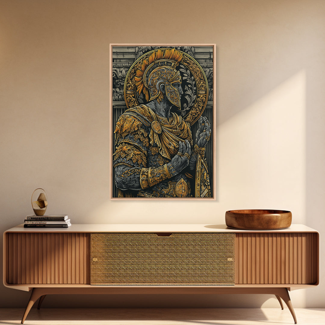 Roman General Warrior Canvas Gold Canvas Print, Gladiator Armor Portrait Canvas Gold Art, Real Wood Frame Classical Mythology Decor