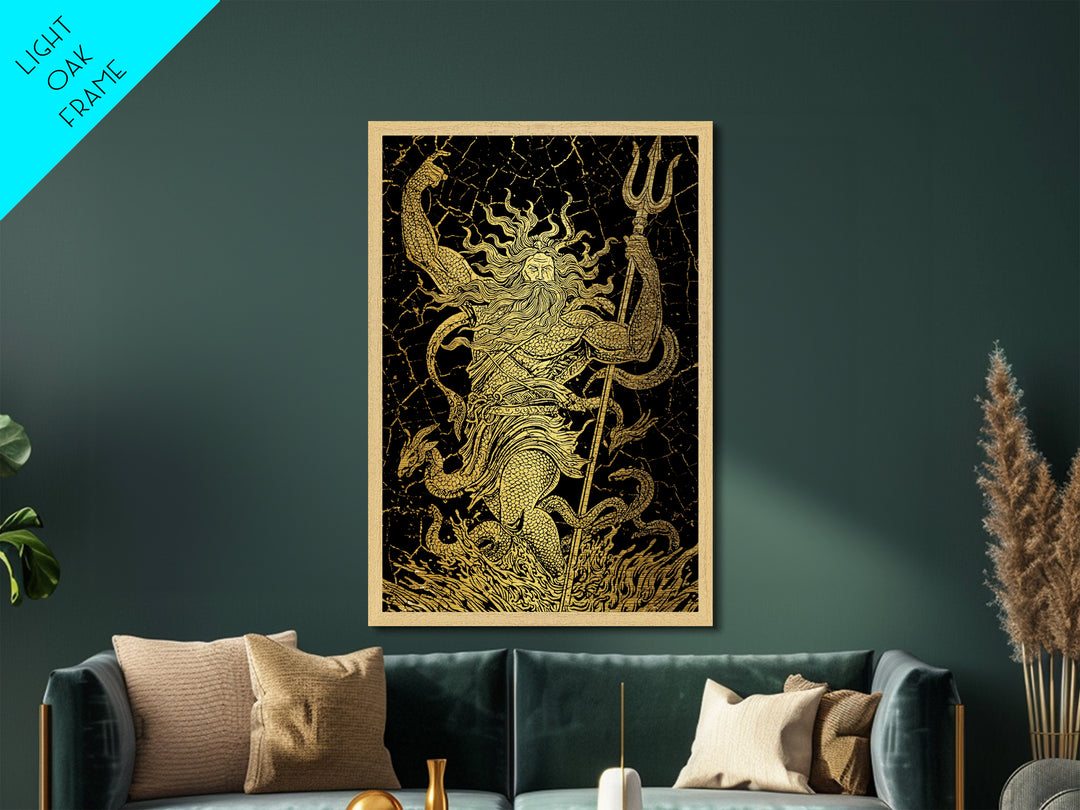 Poseidon Sea God With Serpent Metallic Gold Metal Print, Ocean Deity With Trident Metallic Gold Art, Real Wood Frame Mythological Decor