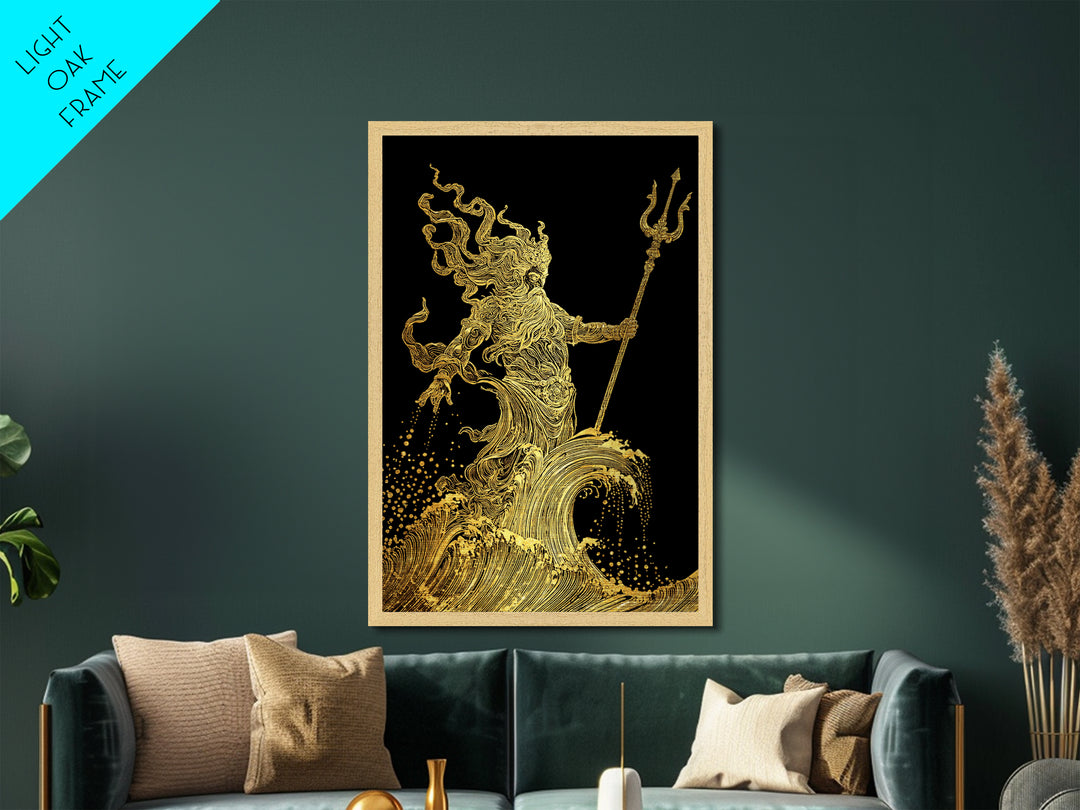 Poseidon Sea God Statue Metallic Gold Metal Print, Ocean Deity With Waves Metallic Gold Art, Real Wood Frame Classical Mythology Decor