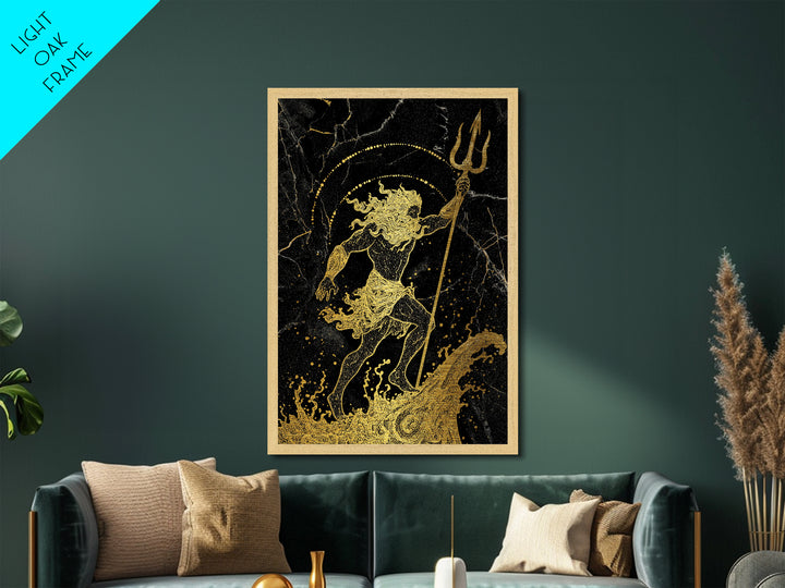 Poseidon Ruler Of The Seas Metallic Gold Metal Print, Ancient Trident God Metallic Gold Art, Real Wood Frame Mythological Wall Decor