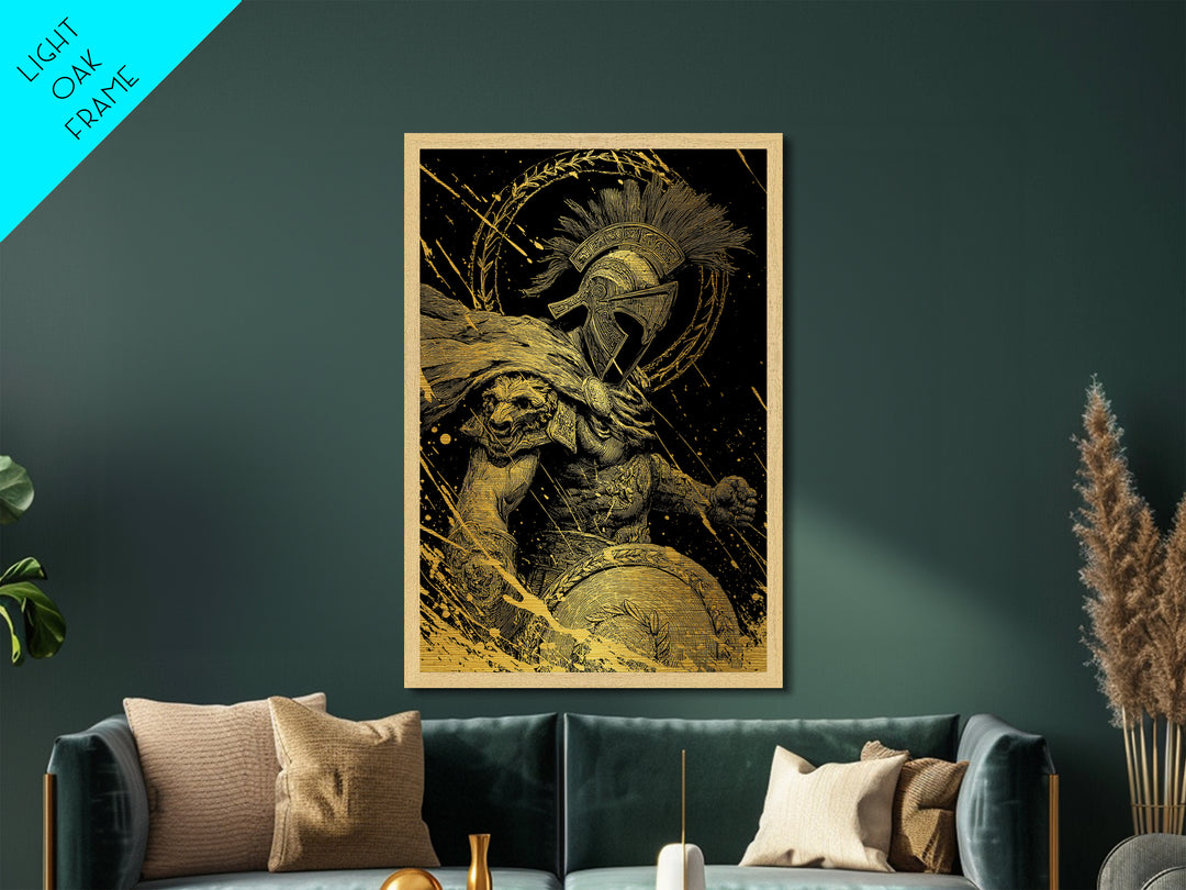 Ares Metallic Gold Metal Print, Greek God Of War Art, Real Wood Frame, Warrior Decor, Mythology Luxury Metal Artwork