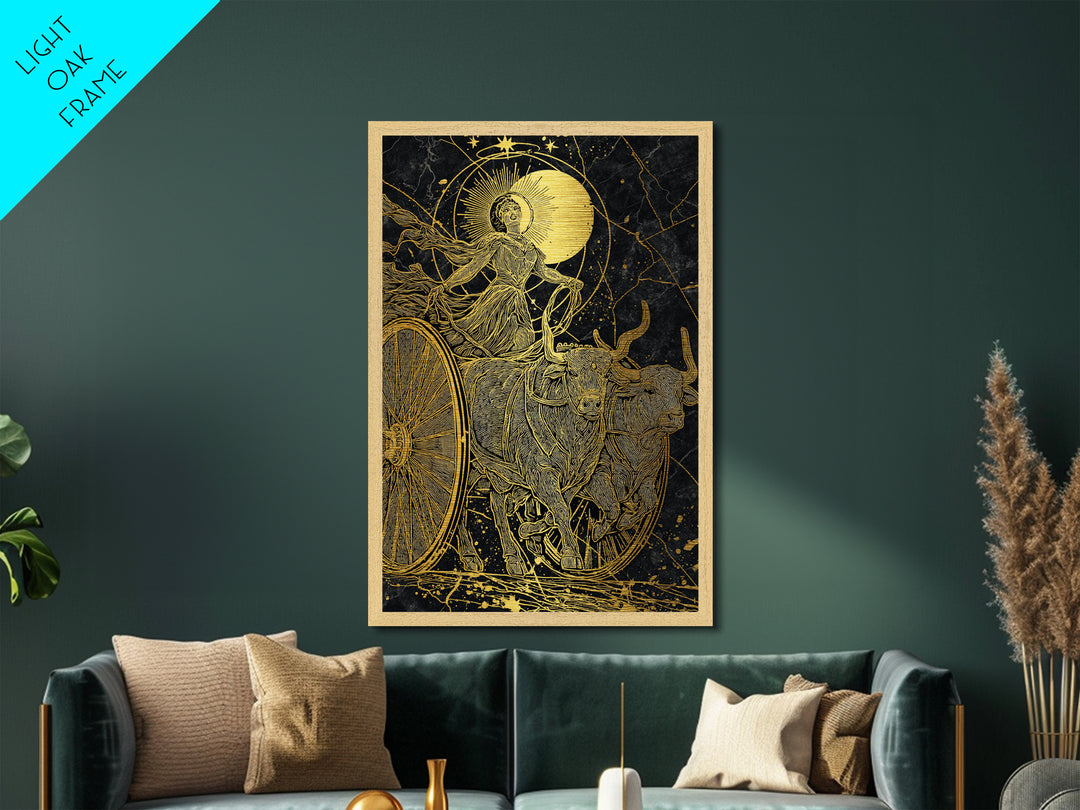 Selene Chariot Metallic Gold Metal Print, Moon Goddess Art, Real Wood Frame, Mythology Decor, Celestial Metal Artwork