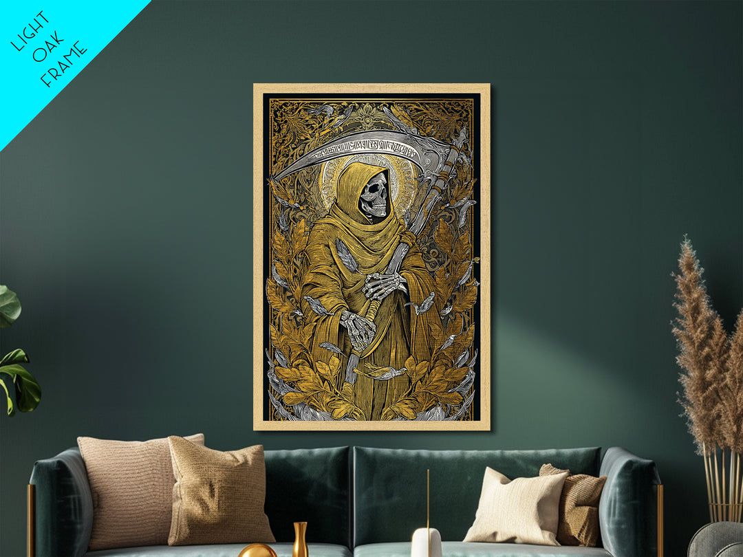 Grim Reaper Metallic Gold Metal Print, Gothic Mythology Wall Art, Skeleton With Scythe Artwork, Real Wood Frame, Dark Decor