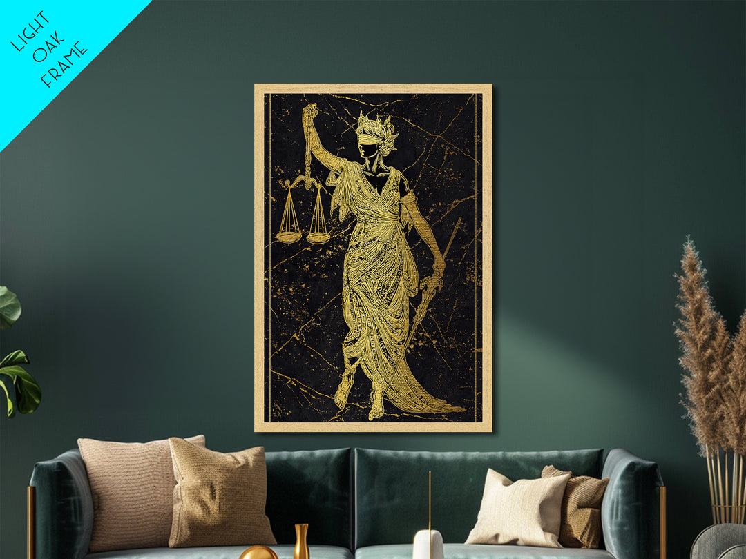 Justice Goddess Metallic Gold Metal Print, Mythology Law And Order Wall Art, Balance Artwork, Real Wood Frame, Statement Decor