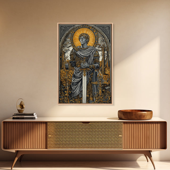 Roman Emperor Canvas Gold Canvas Print, Mythology Warrior Wall Art, Classical Sword Artwork, Real Wood Frame, Ancient Decor