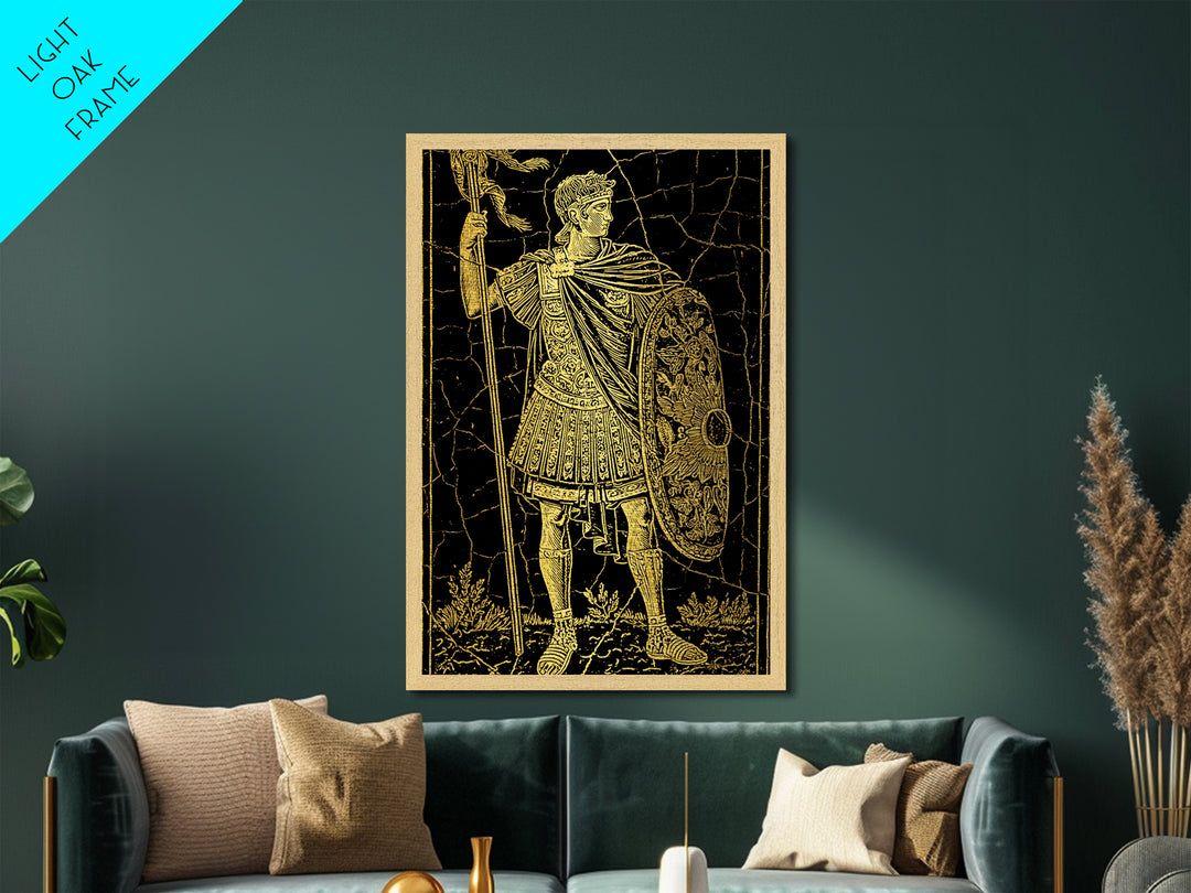 Roman Warrior With Shield, Metallic Gold Metal Print, Mythology Inspired Wall Art, Real Wood Framed Artwork