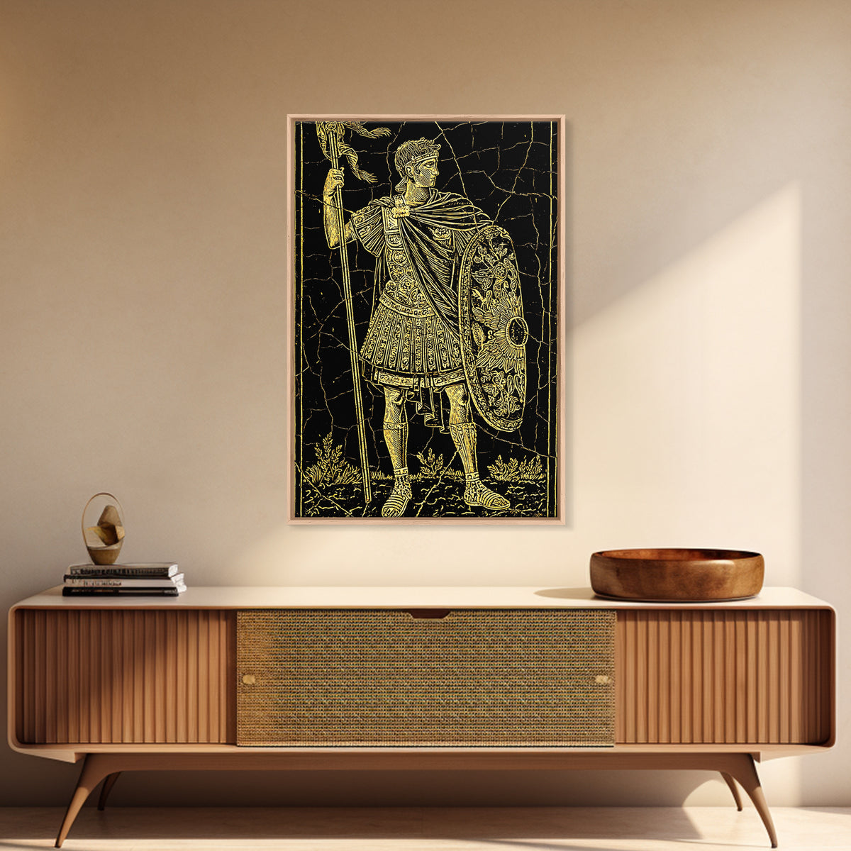 Roman Warrior With Shield, Canvas Gold Canvas Print, Mythology Inspired Wall Art, Real Wood Framed Artwork