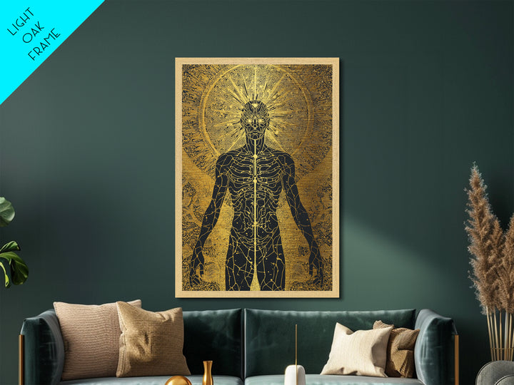 Celestial Radiance Figure, Metallic Gold Art, Mythological Cosmic Wall Print, Spiritual Decor With Real Wood Frame