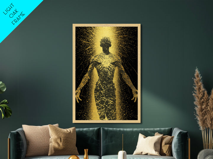 Golden Cosmic Silhouette, Metallic Gold Metal Print, Abstract Mythology Inspired Wall Decor, Real Wood Frame