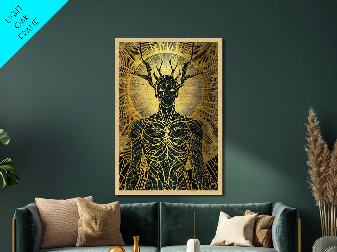 Mythic Antlered Deity, Metallic Gold Metal Print, Cosmic Inspired Wall Art, Real Wood Frame For Elegant Decor