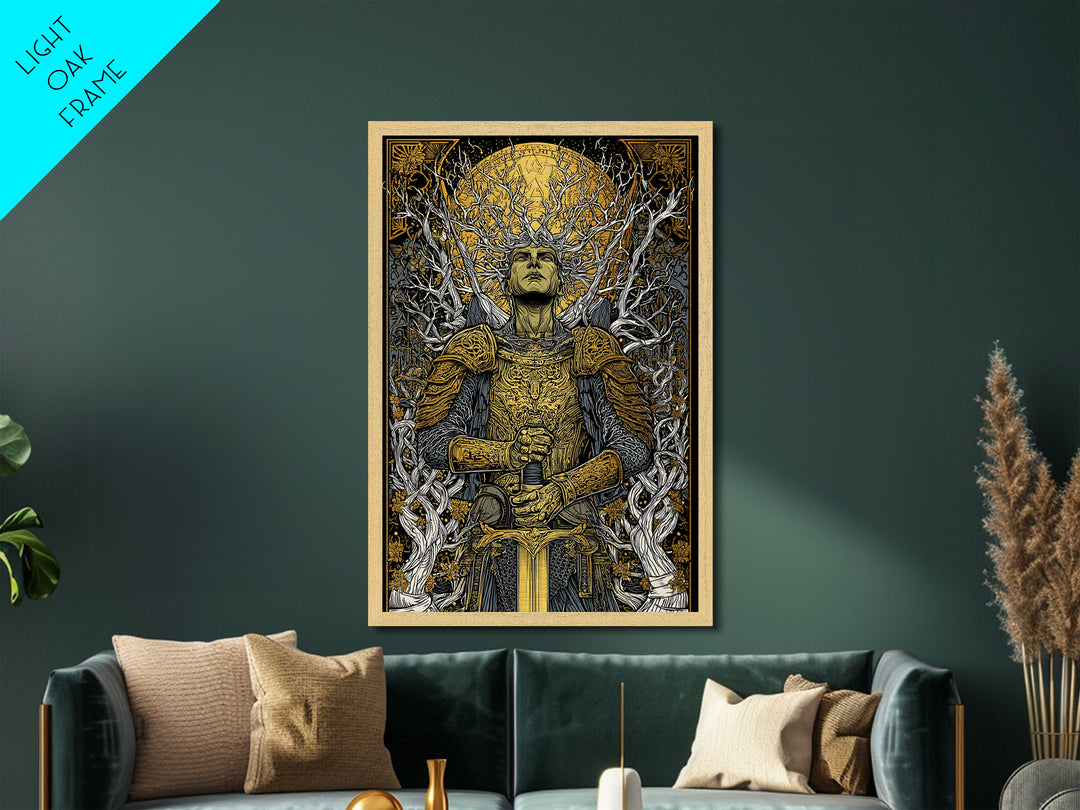 Mythic Guardian With Sword, Metallic Gold Art, Fantasy Inspired Warrior Wall Print, Real Wood Framed Wall Decor