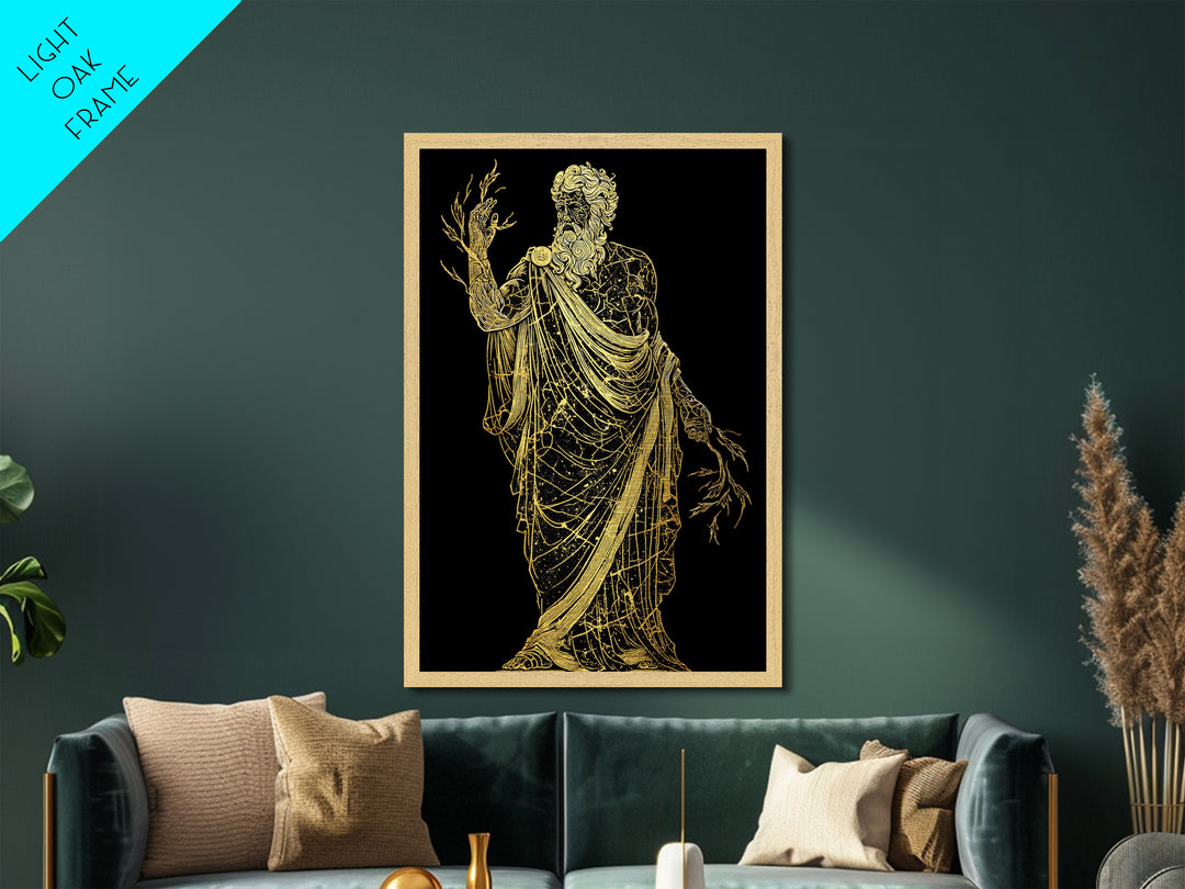 Greek God Metallic Gold Art, Zeus Mythology Wall Print, Lightning Power Decor, Luxury Metal Artwork, Real Wood Frame