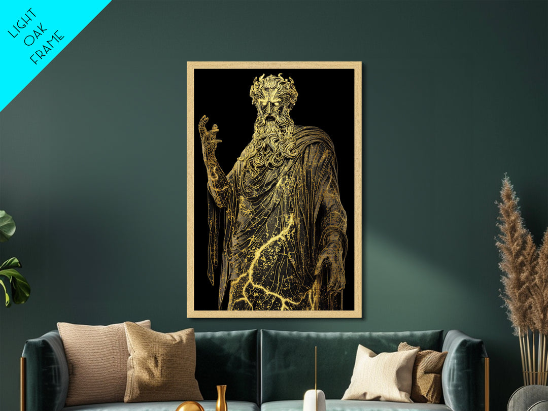 Thunder God Metallic Gold Metal Print, Zeus Mythology Wall Art, Lightning Power Decor, Luxury Classical Artwork, Real Wood Frame