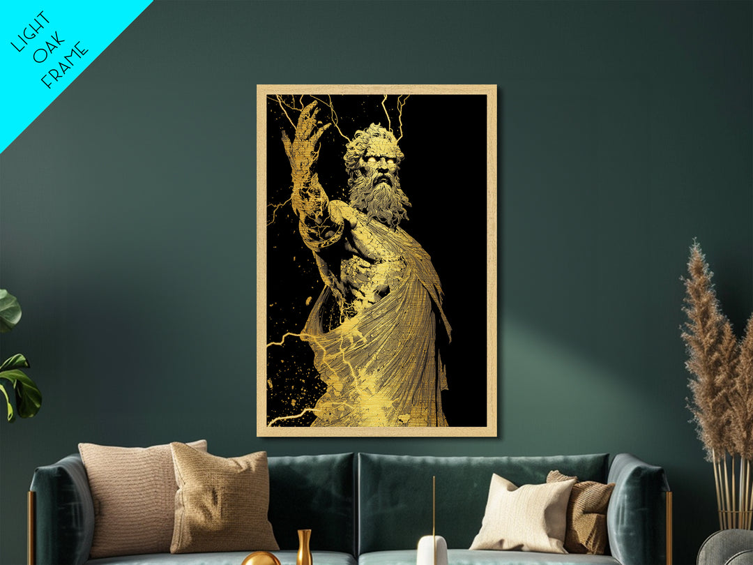 Heavenly Ruler Metallic Gold Metal Print, Zeus Divine Wall Art, Lightning God Decor, Luxury Mythology Artwork, Real Wood Frame