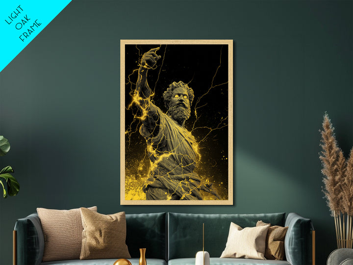 Lightning God Metallic Gold Art, Powerful Zeus Wall Print, Mythology Inspired Decor, Ancient Greek Metal Artwork, Real Wood Frame