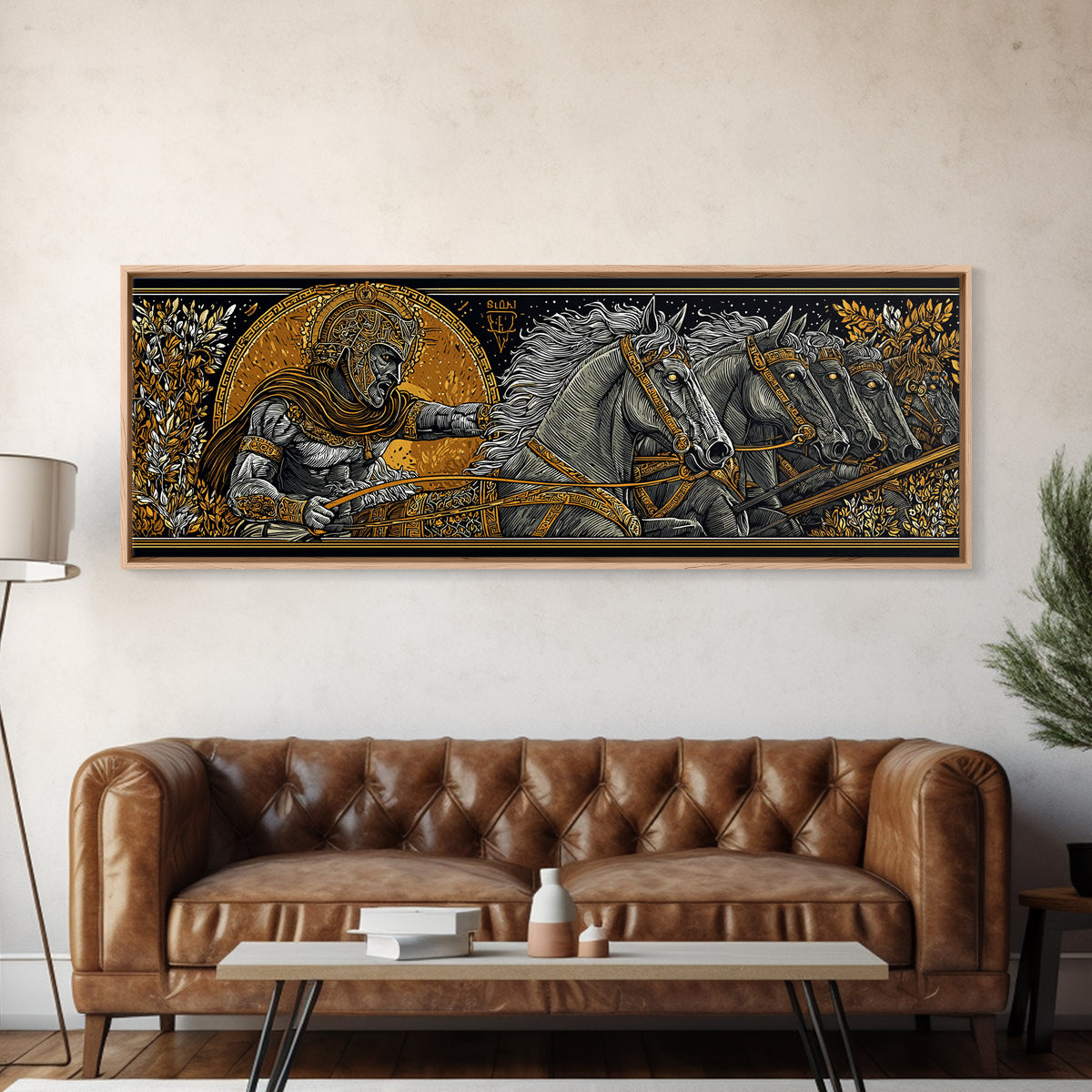 Heroic Greek Warrior With Horses, Ancient Mythology Wall Decor, Gold Canvas Print, Real Wood Frame