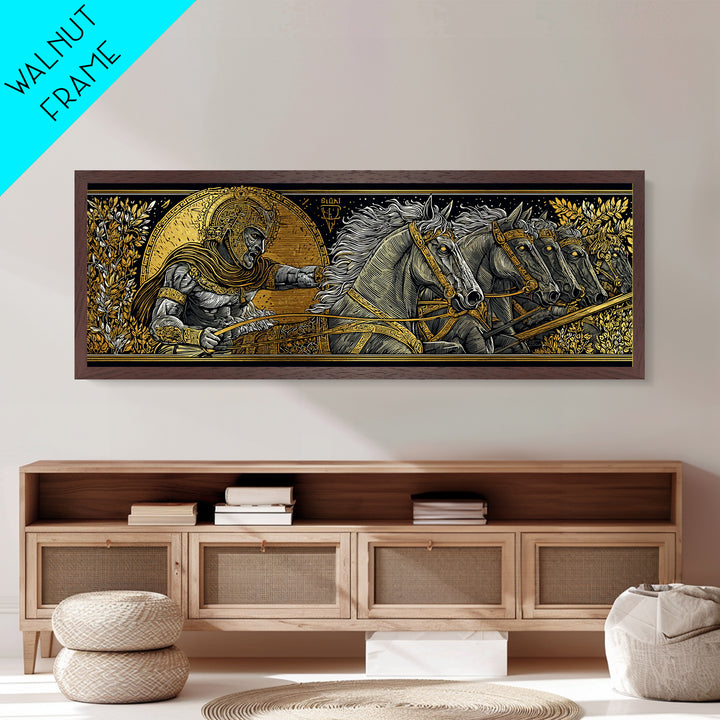 Heroic Greek Warrior With Horses, Ancient Mythology Wall Decor, Metallic Gold Metal Print, Real Wood Frame