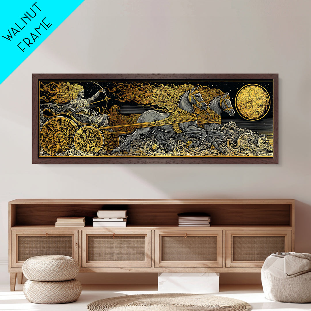 Sun God Chariot, Mythological Horses And Flames Wall Decor, Metallic Gold Metal Print, Real Wood Framed Art