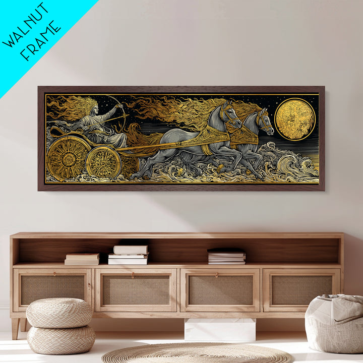 Sun God Chariot, Mythological Horses And Flames Wall Decor, Metallic Gold Metal Print, Real Wood Framed Art
