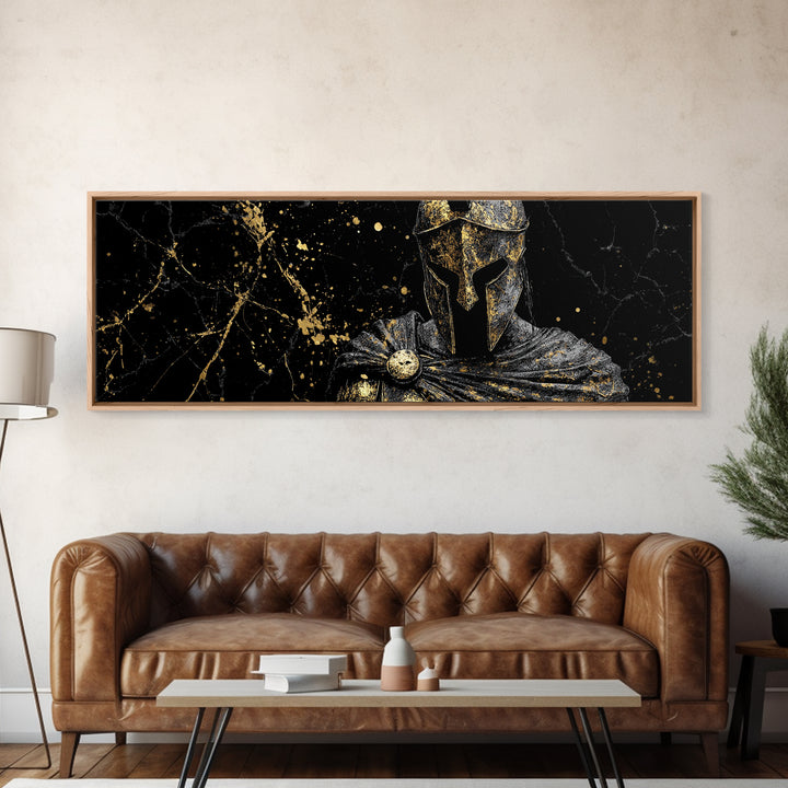 Spartan Warrior Bust Artwork, Ancient Greek Mythological Hero Decorative Symbol, Gold Canvas Print, Real Wood Frame Wall Decor