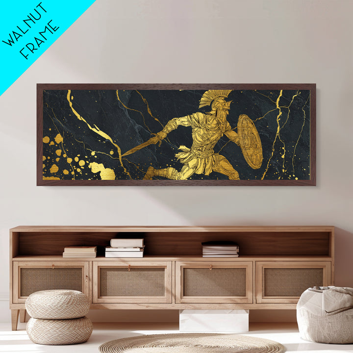 Spartan Warrior With Sword And Shield, Ancient Greek Mythology Wall Decor, Metallic Gold Metal Print, Real Wood Frame