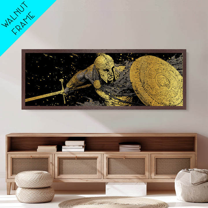 Ornate Spartan Warrior With Shield And Sword, Ancient Battle Scene Artwork, Metallic Gold Metal Print, Real Wood Frame