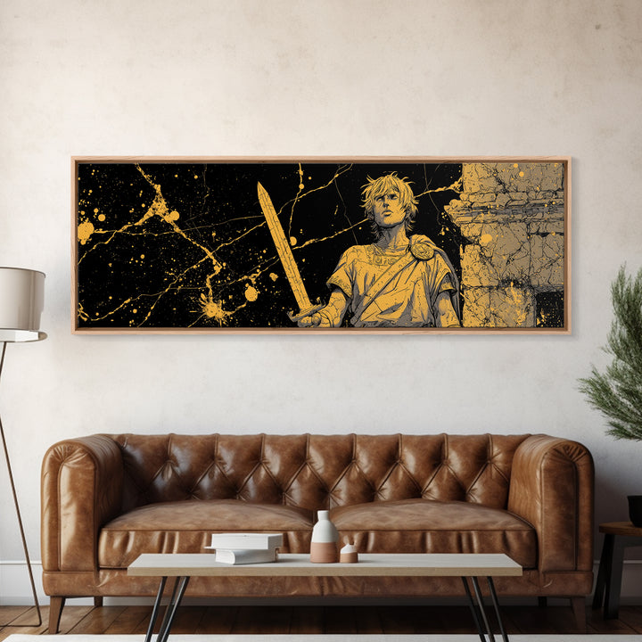 Heroic Young Greek Warrior Standing Tall, Classical Mythology Decorative Wall Art, Gold Canvas Print, Real Wood Frame