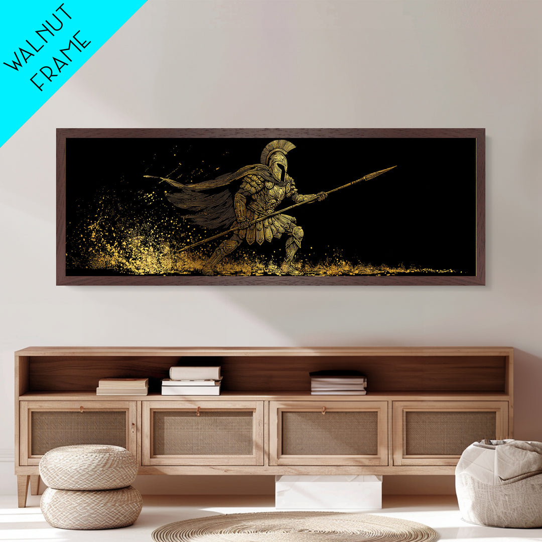 Spartan Warrior With Flowing Cape And Spear, Ancient Greek Mythology Decor, Metallic Gold Metal Print, Real Wood Frame