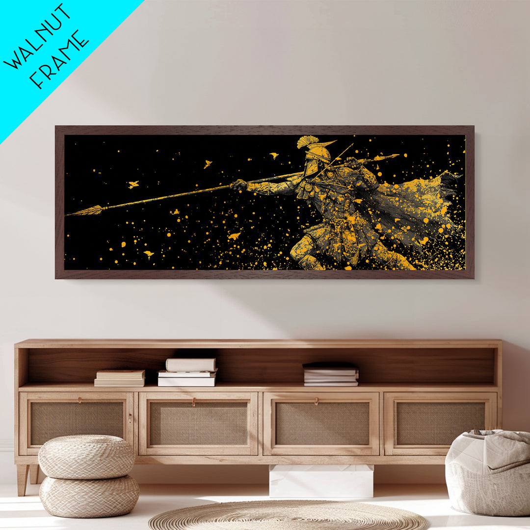 Greek Warrior Throwing Spear In Battle, Ancient Spartan Hero Wall Art, Metallic Gold Metal Print, Real Wood Frame