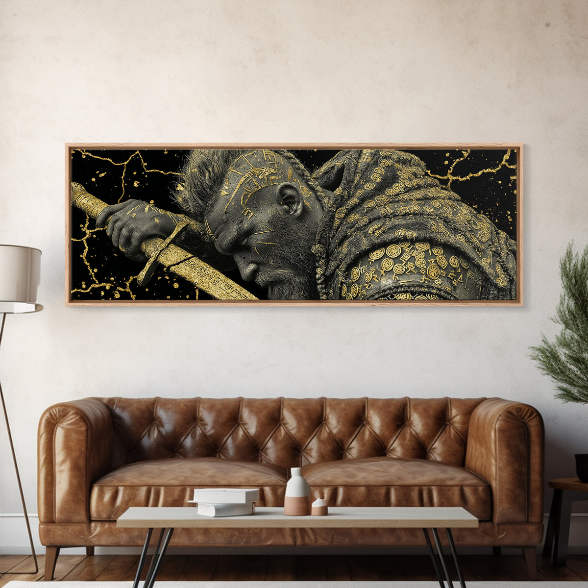 Viking Warrior With Sword And Runes, Mythological Hero Artwork, Gold Canvas Print, Real Wood Frame