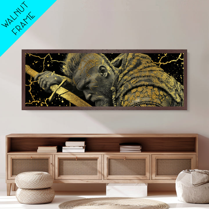 Viking Warrior With Sword And Runes, Mythological Hero Artwork, Metallic Gold Metal Print, Real Wood Frame
