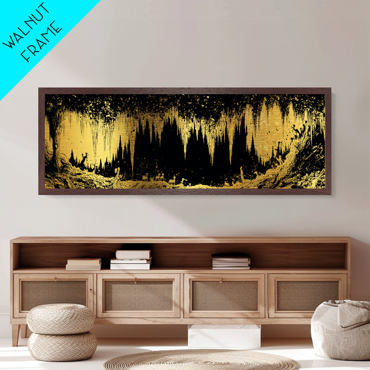 Golden Cave With Stalactites And Figures, Mythological Decorative Wall Art, Metallic Gold Metal Print, Real Wood Frame