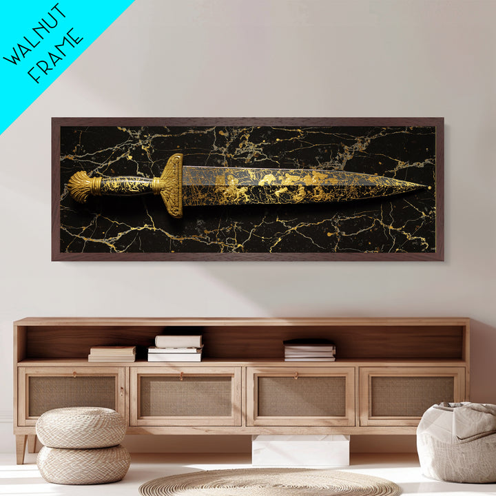Ancient Greek Sword Engraved With Mythology, Decorative Heroic Weapon Artwork, Metallic Gold Metal Print, Real Wood Frame