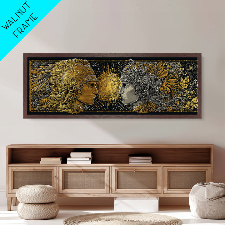 Warrior Gods Face To Face, Ancient Mythological Helmet Artwork, Metallic Gold Metal Print, Real Wood Frame Wall Art