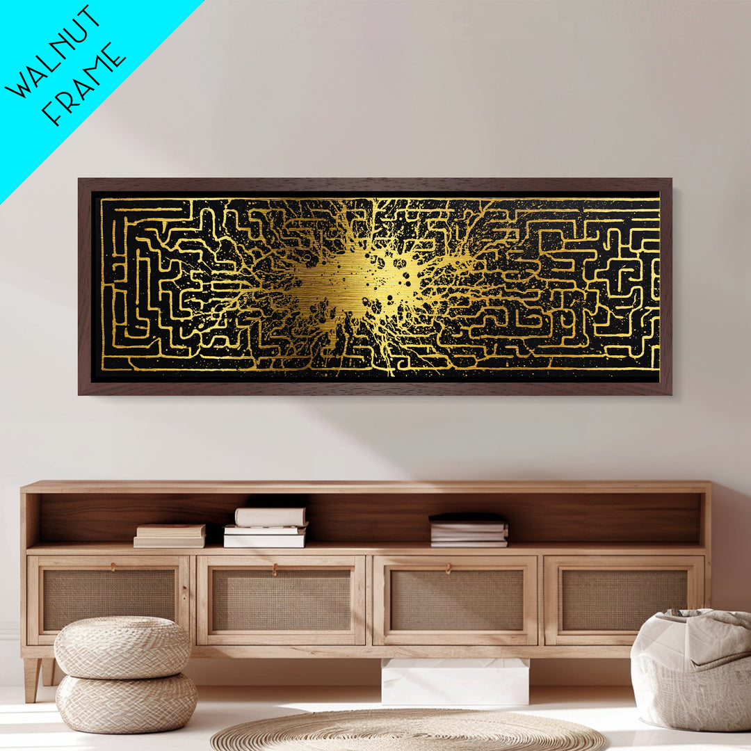 Intricate Labyrinth Pattern Artwork, Mythological Maze Wall Decor, Metallic Gold Metal Print, Real Wood Frame