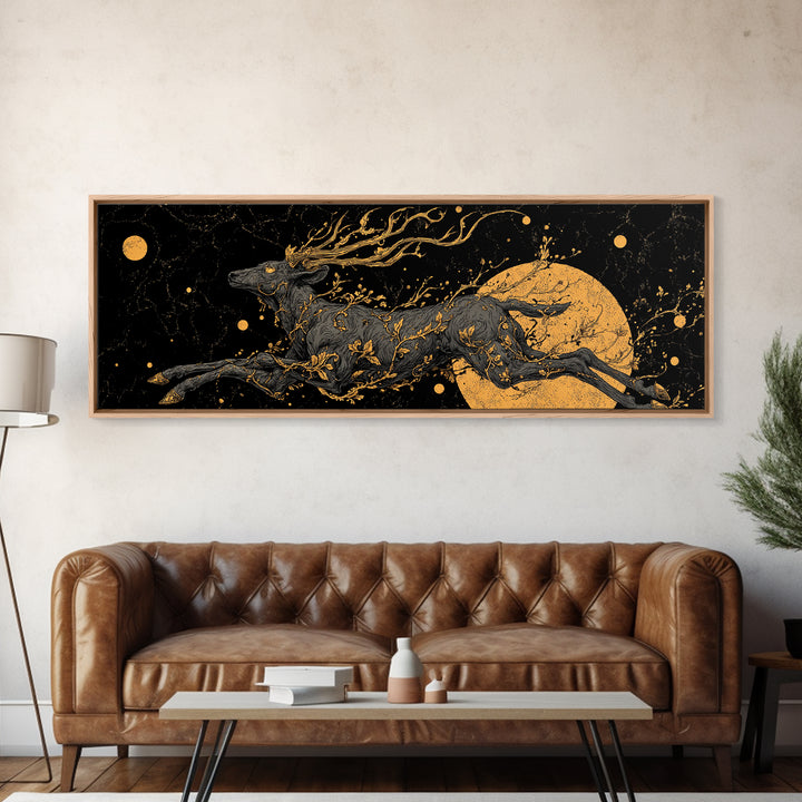 Mythical Stag Running Through Stars, Celestial Deer Artwork, Gold Canvas Print, Real Wood Frame Mythology Art