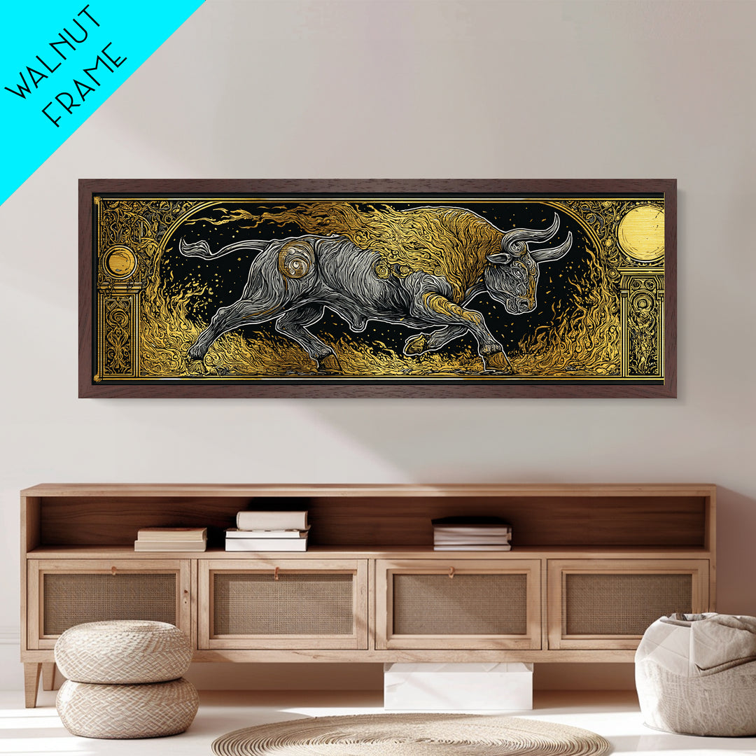 Fiery Bull Of Mythology, Charging Beast Symbol Of Strength, Metallic Gold Metal Print, Real Wood Frame Wall Artwork