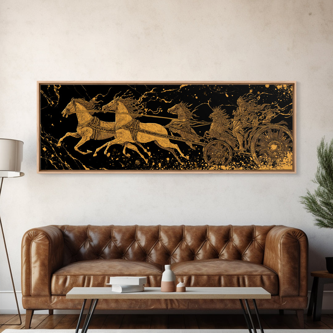 Ancient Chariot Battle Scene, Mythical Horses And Warrior Artwork, Gold Canvas Print, Real Wood Frame Wall Decor