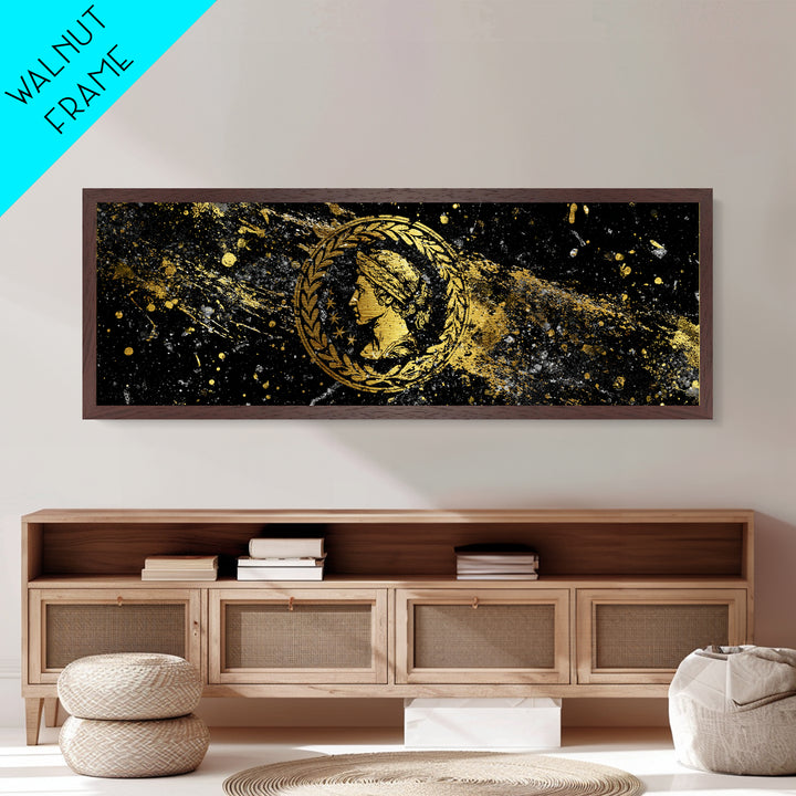 Roman Coin Inspired Portrait, Classical Ancient Empire Wall Artwork, Metallic Gold Metal Print, Real Wood Frame Art