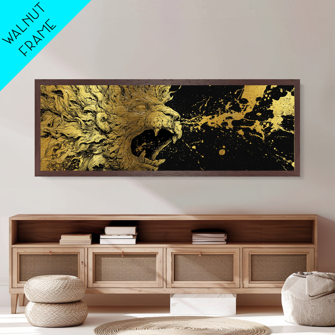 Roaring Lion Of Mythology, Fierce King Of Beasts Ancient Artwork, Metallic Gold Metal Print, Real Wood Frame Wall Decor
