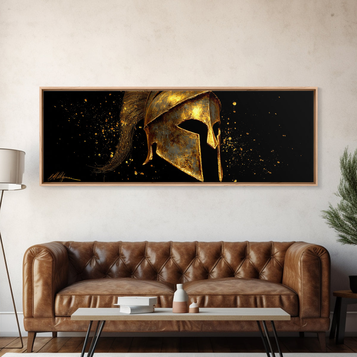 Spartan Warrior Helmet, Ancient Greek Armor Mythological Artwork, Gold Canvas Print, Real Wood Frame Wall Art