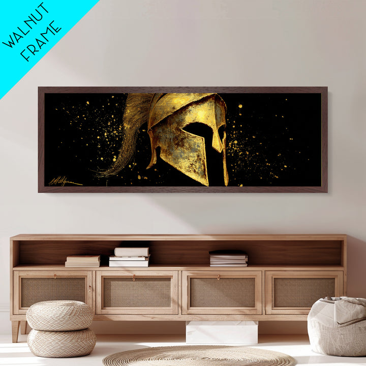 Spartan Warrior Helmet, Ancient Greek Armor Mythological Artwork, Metallic Gold Metal Print, Real Wood Frame Wall Art