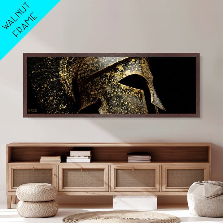 Spartan Helmet Close Up, Ancient Greek Warrior Armor Wall Decor, Metallic Gold Metal Print, Real Wood Frame