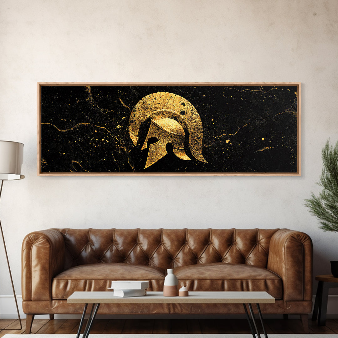 Greek Hoplite Helmet, Ancient Warrior Armor Symbol Wall Artwork, Gold Canvas Print, Real Wood Frame Wall Decor