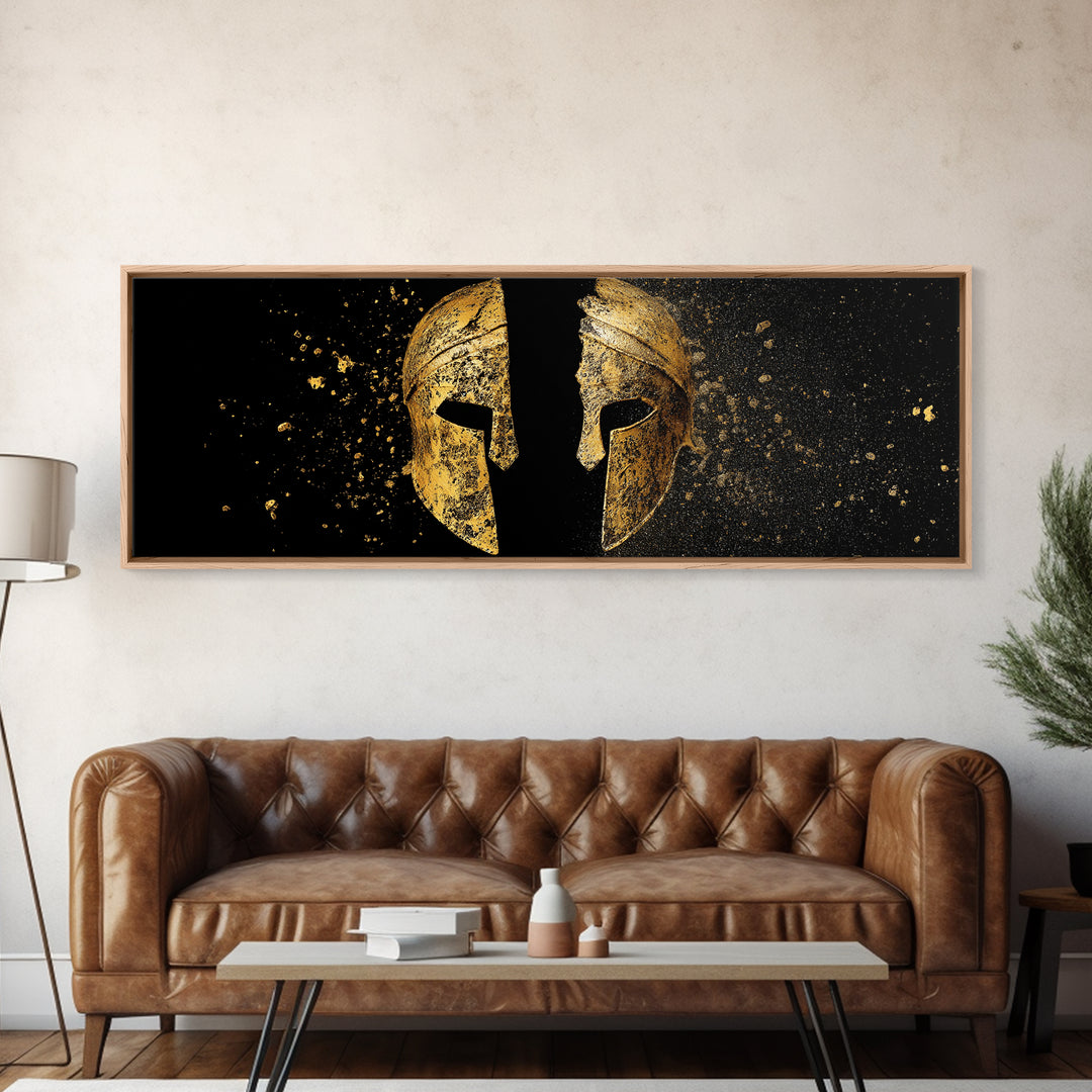 Ancient Spartan Helmet Split Design, Warrior Armor Mythology Artwork, Gold Canvas Print, Real Wood Frame Wall Decor