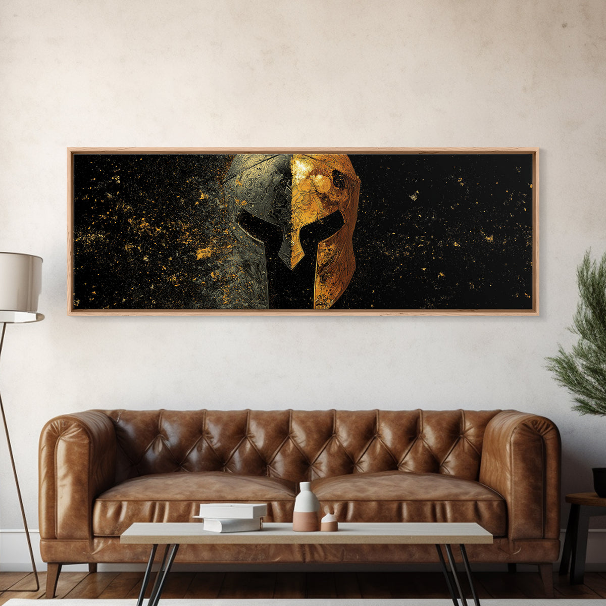 Half Face Spartan Helmet, Ornate Warrior Armor Greek Mythology Artwork, Gold Canvas Print, Real Wood Frame Wall Art