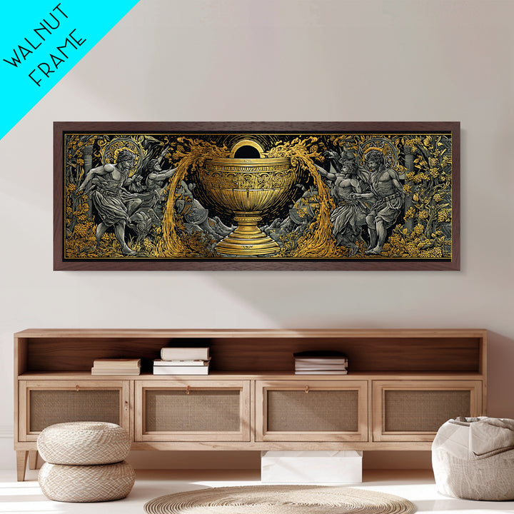 Ancient Chalice Of Gods, Mythological Cup With Figures And Flowing Design, Metallic Gold Metal Print, Real Wood Frame Artwork