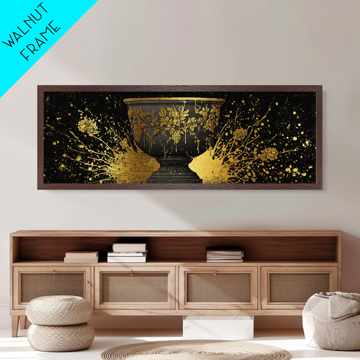 Grapevine Chalice Artwork, Classical Mythological Cup Decorative Wall Design, Metallic Gold Metal Print, Real Wood Frame Wall Art